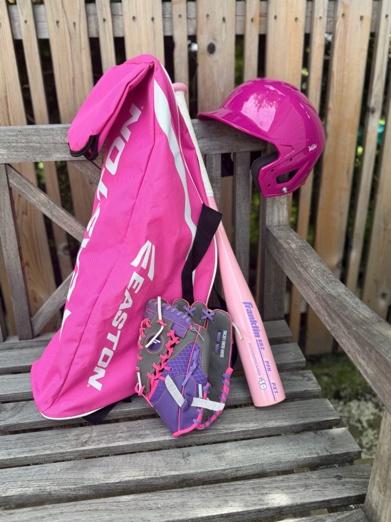 Pink youth T-ball gear setup with bag, bat, helmet, and glove