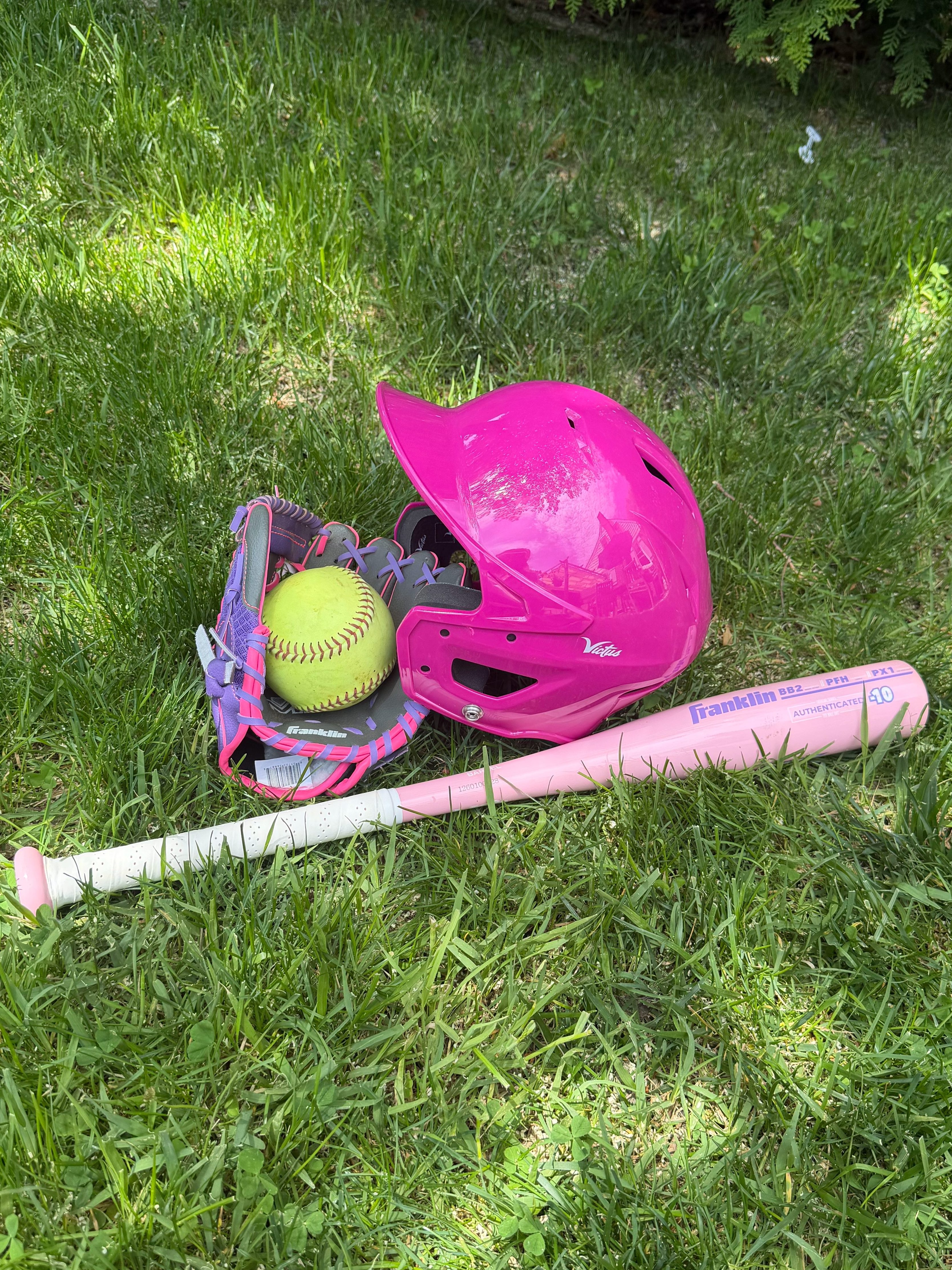 Youth T-ball gear laid out on grass after practice